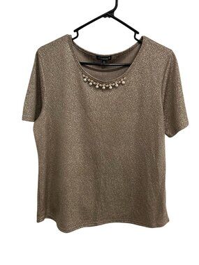Chances R PXL Metallic Gold Top Pearl Rhinestone Neck Detail Glam Old Money